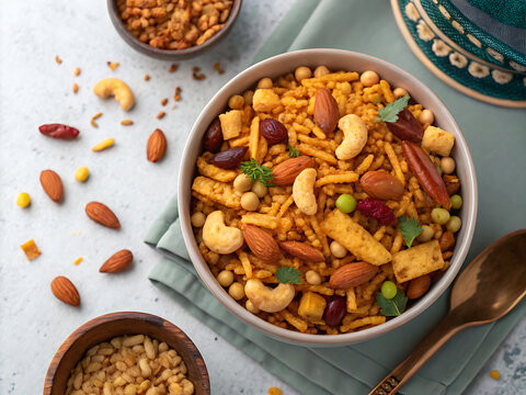 Indian snack mix namkeen in bowl, realistic stock photo, top view