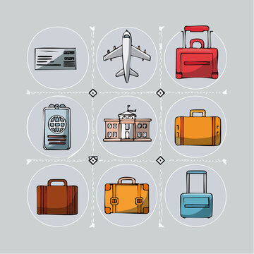 Travel luggage and airplane icons.