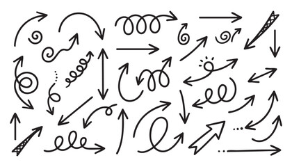 Obraz premium A Set of Hand Drawn Black Arrows with Accents, Minimalist Doodle Pointer Icons for Infographics.
