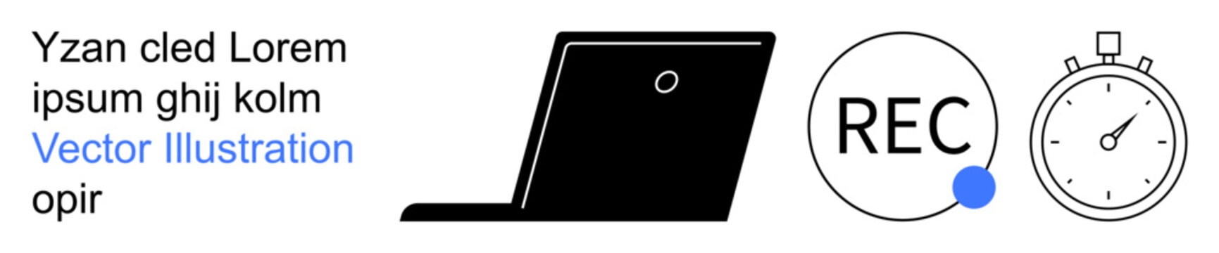 Online education, content creation, productivity, video recording, time management, technology. A laptop, recording icon and stopwatch. Content creation and productivity captured