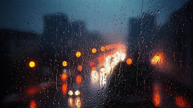 Rainy city night bokeh lights blurred traffic through wet window footage
