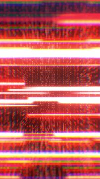 Glitch texture featuring horizontal red and white light bars with digital distortion in a vertical format for mobile screens and social media stories