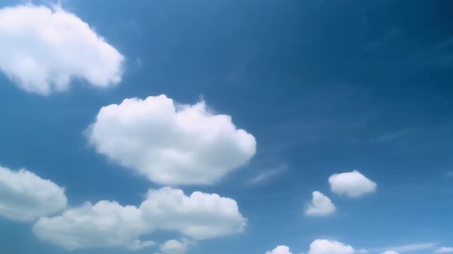 Fluffy white cumulus clouds drifting across a clear blue sky motion footage