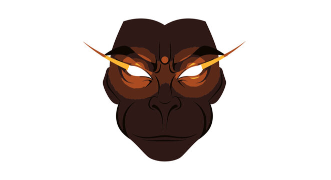 minimalist icon of Hanuman face with orange eyes and sharp horns