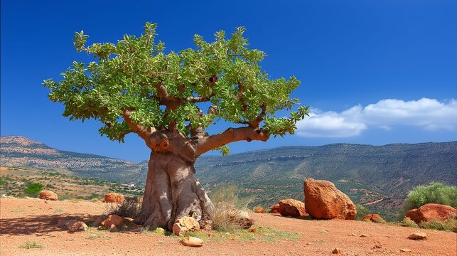 epilogue. A lone argan tree stands in the Moroccan landscape, its gnarled trunk and green leaves under the sun. travel magazines, destination branding, designed for travel destination branding.