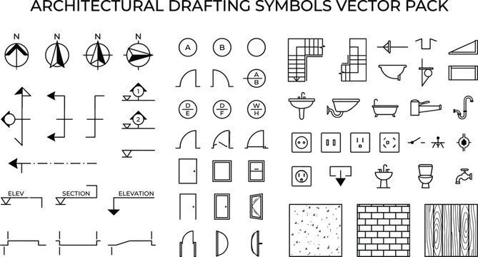 Set of architectural drafting symbols and technical construction icons Vector
