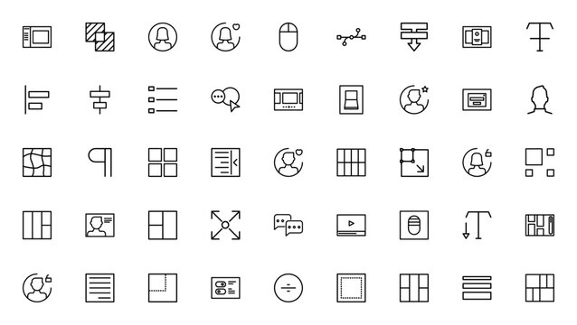 Interface icon set. Minimal interface vector pack. Web UI icon collection. Includes Browser, User, Login, Chat, Settings, Menu, Layout, Slider, Switch, Gallery, Video player and more.