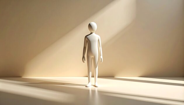 Isolated pixelated human figure standing in a room with geometric shadows cast by sunlight, representing digital identity and existence