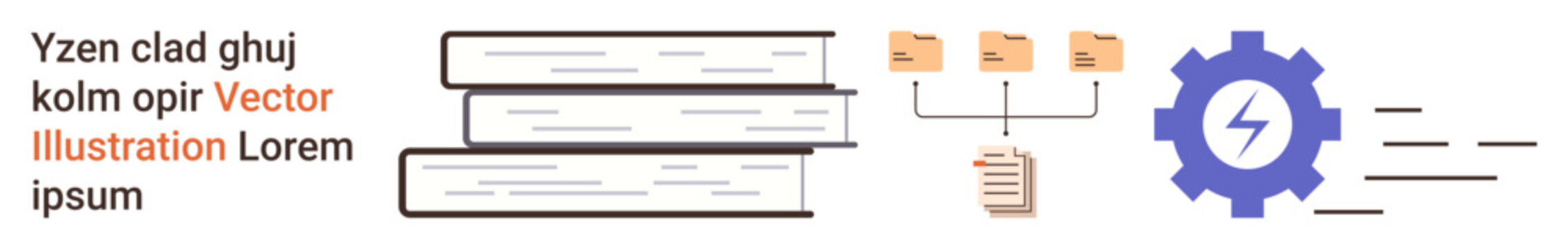 Data organization, workflow automation, efficiency optimization, digital file management, technological processes, document sharing. stack of books, folders cogwheel. Workflow automation and data