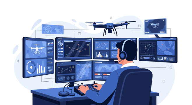 Drone pilot operating controllers with multiple monitoring screens, surveillance concept