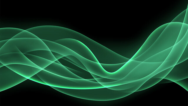 Abstract Glowing Green Emerald Wave on Black Background, Vector Illustration