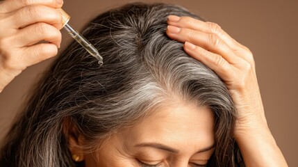 Naklejka premium Person applies hair serum with dropper to scalp in close-up shot with dark brown hair and visible roots against light brown background