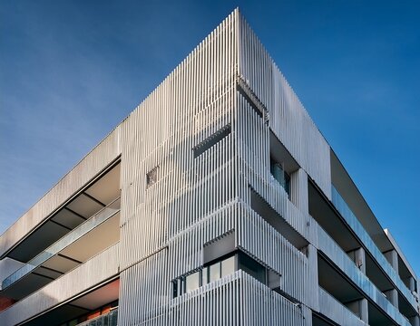 asymmetric residential building facade with staggered balconies and white panels representing innovative urban architecture and modular housing design for modern living photographed in copenhagen