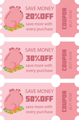 set of discount coupons with pink piglets sitting on money and various discount percentages, finance themed icon, for promotions, black Fridays and seasonal discounts © Ольга Бабич