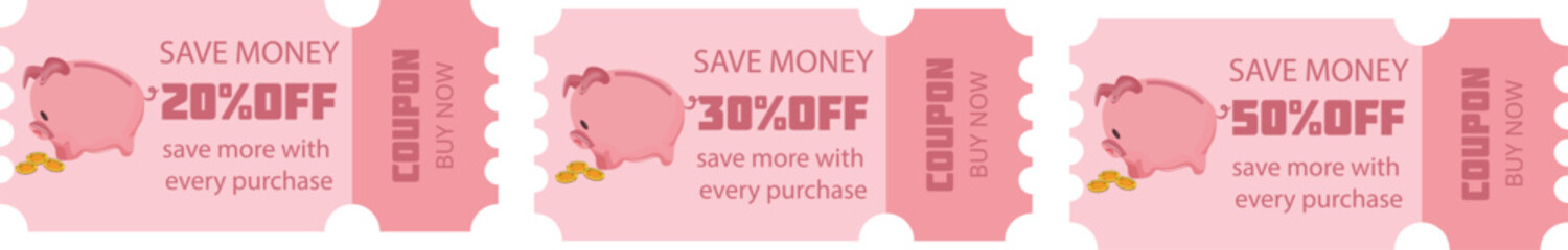 set of discount coupons with pink piglets sleeping on money and various discount percentages on a pink background, finance themed icon, for promotions, Black Fridays and seasonal discounts © Ольга Бабич
