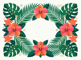 Tropical Floral Frame with Hibiscus Flowers and Monstera Leaves on White Background © Abilho