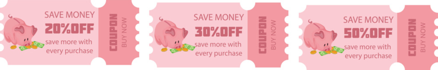 set of discount coupons with pink piglets sniffing money and various discount percentages, finance-themed icon, for promotions, Black Fridays and seasonal discounts © Ольга Бабич