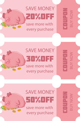 set of universal discount coupons with pink piglets sleeping on money and various discount percentages, finance themed icon, for promotions, black Fridays and seasonal discounts © Ольга Бабич