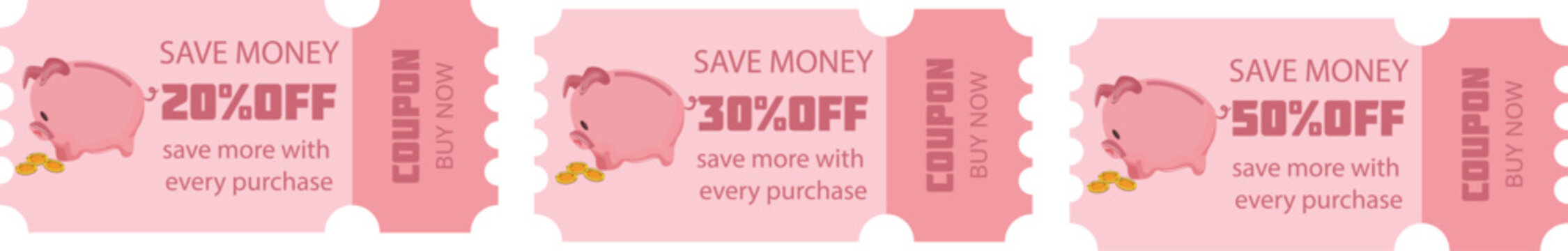 set of discount coupons with pink piglets sleeping on money and various discount percentages on a pink background, finance themed icon, for promotions, Black Fridays and seasonal discounts