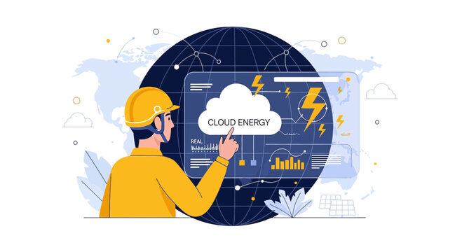 Engineer Man Touching Cloud Energy Display on Digital Globe - Renewable Power Concept