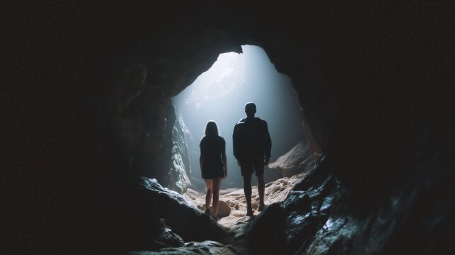 Silhouette of Two People at Cave Opening with Blue Ethereal Light