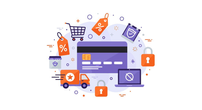 E-commerce and Secure Online Payment Concept Vector Illustration with Credit Card, Shopping Cart, Discount Tags, and Fast Delivery Icons
