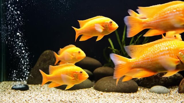 Vibrant School of Orange Cichlid Fish Swimming in a Freshwater Aquarium for Nature and Pet Shop Content.