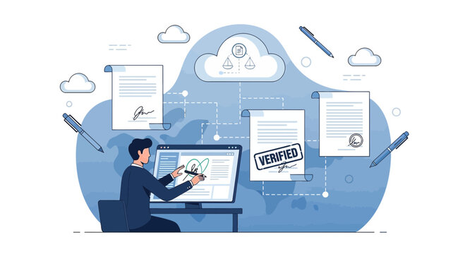 Digital Signature, Electronic Document Verification, Online Contract Signing Concept