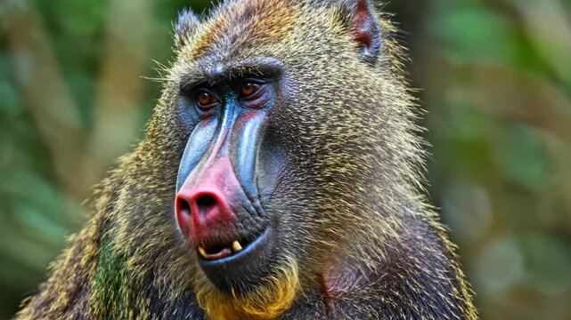 Majestic Mandrill Portrait featuring a close-up of a colorful primate face in the jungle, ideal for wildlife documentaries and educational content.