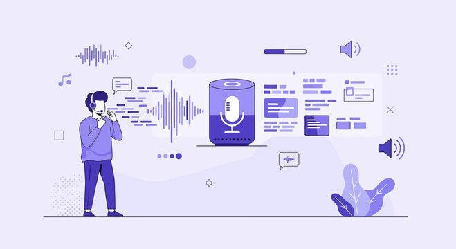 Digital voice assistant interface with user and sound waves.