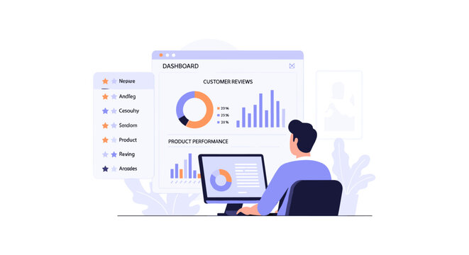 Data analyst working at computer with charts and graphs.