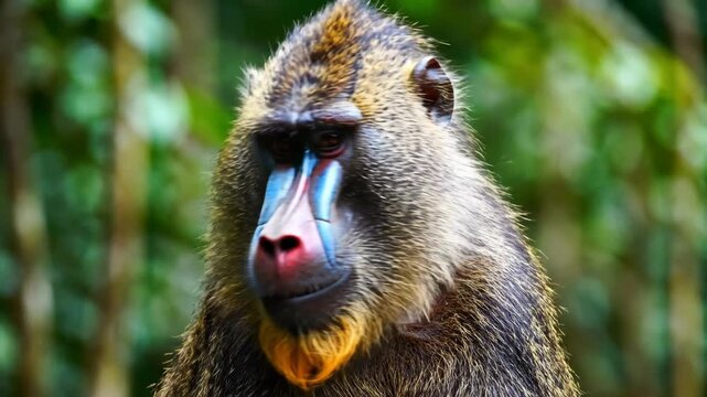 Majestic Mandrill Close-up showing vibrant facial colors in a lush jungle setting for wildlife documentaries.