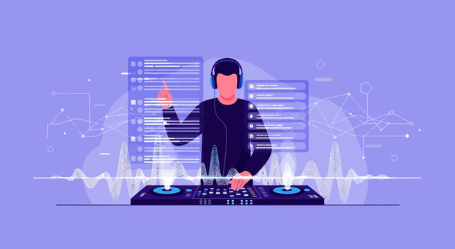 DJ mixing music on console with sound waves and digital interfaces