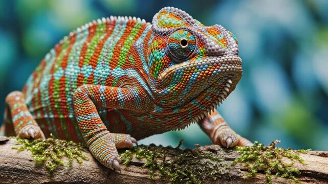 Vibrant Panther Chameleon with colorful scales resting on a mossy branch for nature documentaries and wildlife education.