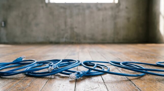 A close-up shot of coiled blue ethernet cables on a wooden floor with a blurred background of a concrete wall and window