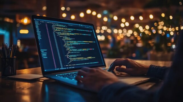 Digital technology, software development concept. Coding programmer, software engineer working on laptop with circuit board and javascript on virtual screen, internet of things IoT