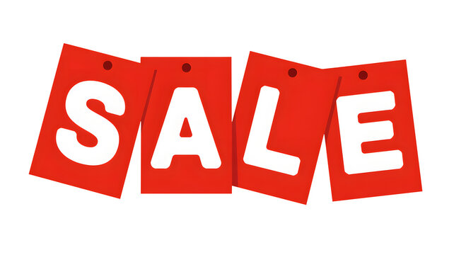 Red sale tags with white letters on a plain white background for shopping discounts and promotions