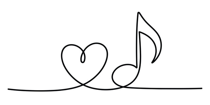 Continuous single line drawing of a heart and a music note symbol representing love for music and melody Vector, illustration