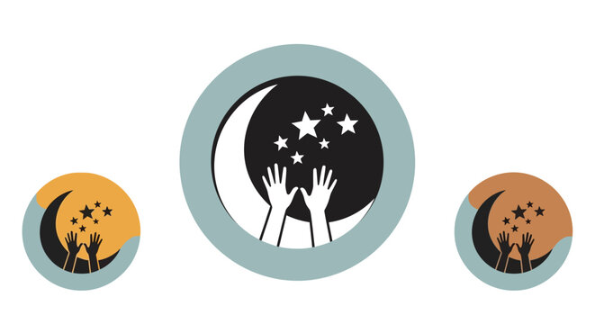 Stylized graphic design featuring human hands reaching upward toward a crescent moon and bright shining stars