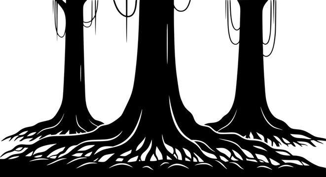 Black and white silhouette of three tropical trees with complex roots and hanging vines