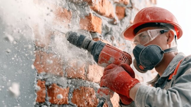 Construction worker wearing protective gear using power drill to break brick wall creating dust during building renovation or demolition work at construction site