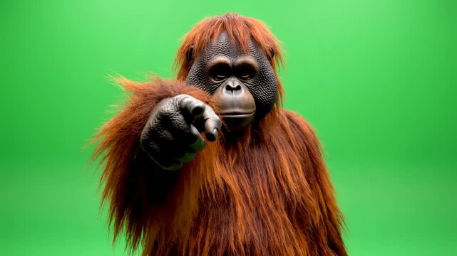 Orangutan pointing finger on green screen background.