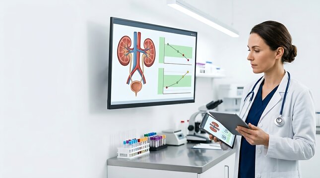 Doctor Analyzing Kidney Function Blood Test Results in Clinical Laboratory