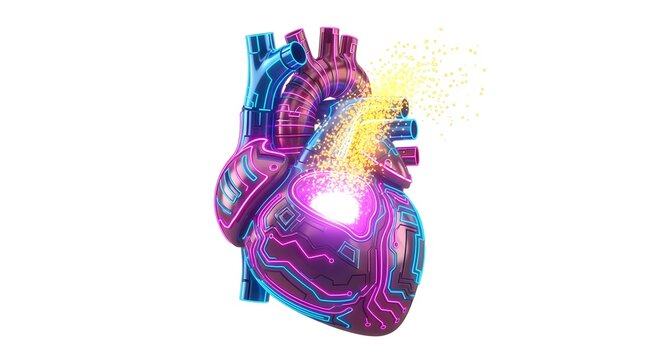 A clearer, modern reinterpretation of cyber heart icon glowing with Niacin (B3) neon particles, isolated on white, no shadows, styled for visual appeal.