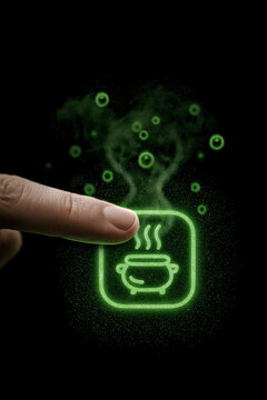 Human finger touching a glowing green neon app icon with a boiling magic cauldron and bubbles on a black background
