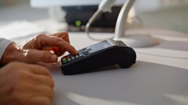 Pharmacist fingers pressing terminal machine at cashier closeup. Woman pay card