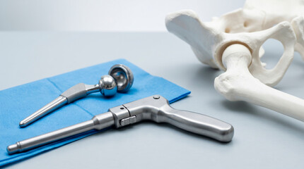 Obraz premium Hip replacement implant and surgical tool with bone model