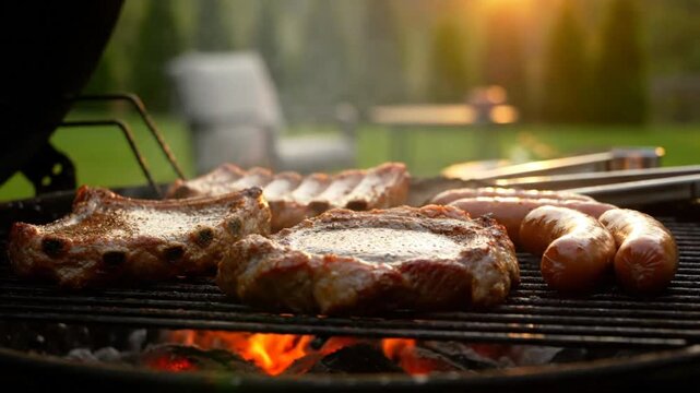Close up of grilling various meats like pork ribs, steak, and sausages with fiery flames from the charcoal for a summer barbecue
