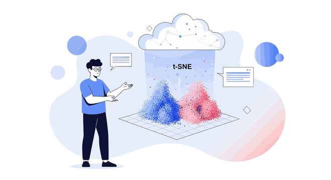 Data Visualization: t-SNE analysis, man explaining, cloud data