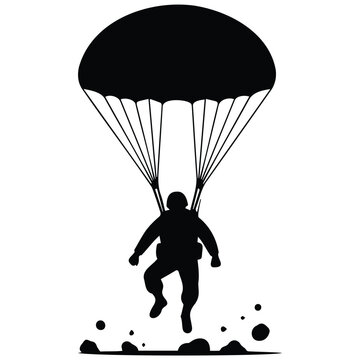 Paratrooper vector silhouette illustration, line art military skydiver landing action.